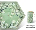 Light green folding umbrella with white rose floral print and compact storage case - Black Pole Black Glue Moonlight White Rose