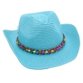 Detail of colorful beaded band on a blue woven straw cowboy hat with a bohemian style - Lake Blue