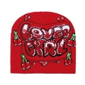 Rote Strickmütze für Damen mit Lover Girl-Schriftzug, Kirsch- und Herzmotiven im Winter - M / Rot