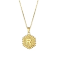 Golden stainless steel necklace with hexagonal letter R pendant and textured border - Letter R
