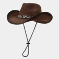 Detail of dark brown straw cowboy hat with leopard print band and adjustable chin strap - One Size / Coffee