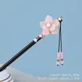 Pink peach blossom wooden hair stick with elegant tassels for traditional Hanfu styling - Begonia - Light Pink