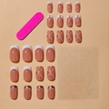 Short press-on nail kit with nude pink finish, french tips, glitter, and glue sticker - XA-35-32 Nude Pink Rhinestone Gold Plaid Gradient Set