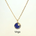 Gold Virgo zodiac necklace featuring blue enamel pendant and detailed embossing - Virgo