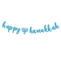 Striscione Happy Hanukkah blu glitterato con menorah per decorazione festiva ebraica - Banner di lettere