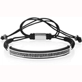 Adjustable black braided rope bracelet featuring curved silver metal bar with black zircon - Silver Curved Tube