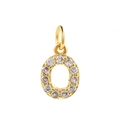 Macro shot of gold-plated letter O pendant with sparkling zircon inlays on white backdrop - Gold-O