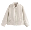 Detail view of the beige zip-up jacket collar with size label and metal zipper - S / Off White