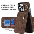 Brown leather wallet case for iPhone with multiple card slots and zipper pocket detail - Brown / Iphone12/pro 6.1