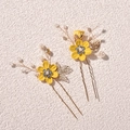 Pair of yellow fabric flower hair pins with gold leaves and faux pearls for bridal hair - 1 Pair Hairpins / Yellow
