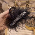 Elegant black ostrich feather hair claw clip with sparkling silver rhinestones - Black Feather Rhinestone Decorative Claw / 289 Small - Wheat Ear