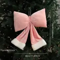 Pink velvet Christmas bow ornament with white plush trim for holiday tree decoration - Large Pink Velvet Bow With White Fur Trim