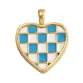 Golden heart pendant featuring blue and white checkered enamel finish in retro style - ABG0614-Sky Blue Checkerboard (Heart)