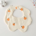 Detail of petal-shaped cotton gauze baby bib with orange print and snap button - Gauze Flower Scarf - Beige-orange Base