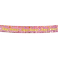 Pink birthday banner with gold glitter Happy Birthday lettering and decorative fringes - English Cursive Pink
