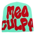 Detailed view of mint green knit beanie featuring red MEA CULPA jacquard lettering - Grass Green Red