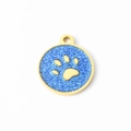 Blue glitter round pet tag with golden paw print design and stainless steel finish - Blue