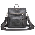 Détail du sac à dos rétro en similicuir gris foncé avec texture fine et poches zippées - Gris