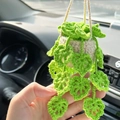 Handmade crochet hanging car plant with green leaves and beige pot on rear view mirror - White + Neon Green Hollow Leaves