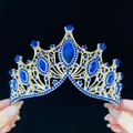 Elegant gold baroque crown with luxury blue rhinestones for bridal party attire - Standard Size / Gold All Blue Gemstone