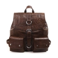 Vintage dark brown faux leather backpack with retro buckle straps and front pockets - Brown