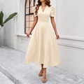 Elegant beige V-neck midi dress with puff sleeves and pleated waist details - S / Beige