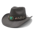 Dark grey woven straw cowboy hat with embroidered floral band and turquoise gemstone - M (56-58cm) / Black and Gray