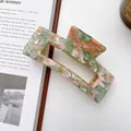 Rectangle acetate hair claw clip with colorful marble floral pattern on book - Patterned Green 10.5cm