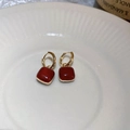 Vintage style square red enamel hoop earrings with a gold finish on a ceramic plate - Red Square Hoop Earrings (HE11462)