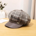 Plaid wool baker boy hat with brown leather brim and decorative metallic logo detail - M (56.5-58.5cm) / Brown (Letter Tag)