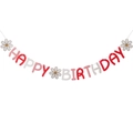 Pink and red Happy Birthday banner with white daisies for kids forest theme party decor - Pink