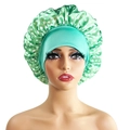 Green satin sleep bonnet with white star pattern and elastic wide band hair wrap - 10876 Green White Star