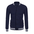 Detail of striped ribbed collar and navy blue fabric on a men's vintage baseball jacket - S / Tops / Navy Blue