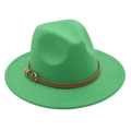 Close-up of green wool fedora with brown leather band and gold circular buckle detail - M (56-58cm) / Grass Green (Heart Buckle Belt)