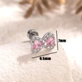 Silver bow stud earring with pink gemstones and clear crystals, size 7mm by 9.5mm - Single Piece / Pink