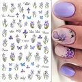 Detail of purple iris flower and butterfly nail art stickers with decorative text F1031 - F1031 (Purple Iris Flower)