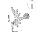 Silver leaf labret stud with marquise cubic zirconia 13.2mm by 5.5mm dimensions - 1X8mm (Push-in) / Pave Zirconia Leaf Style (#4)