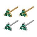 S925 sterling silver triple green zircon flower stud earrings in gold and silver finish - Platinum Plated / Silver + Green Zirconia