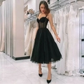 Elegante vestido midi de corsé negro con falda de malla de lunares para fiestas de gala - Talla US 2 (S) / Negro