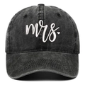 Detailed view of washed black cotton baseball cap with white 3D Mrs. embroidery and heart - Black Mrs