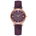 Detail of purple starry dial watch with Roman numerals and rose gold case on white background - Purple