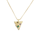 Detail of gold heart necklace with colorful square and round gemstones on box chain - Triangle