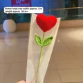 Ramo de flores de corazón rojo hecho a mano a ganchillo con hojas verdes y tallo - Corazón Rojo Único con Bolsa / Longitud aprox 30 cm