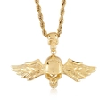 Hip hop skull pendant with angel wings in gold finish on a twisted rope chain necklace - Gold Skull Wing Pendant (KP96385-BD)