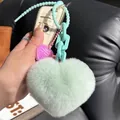 Porte-clés cœur en peluche vert menthe avec fausse fourrure et chaîne en plastique sur clés - Vert Aquatique