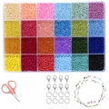 24-grid DIY jewelry kit with colorful seed beads, letter beads, scissors and elastic cord - Box 4 (24 Grids 2mm Bead Tool Set)