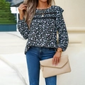 Women's floral long sleeve top in black with blue and purple prints and lace details - S / Black