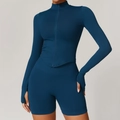 Deep sea blue ribbed yoga set featuring stand collar zip jacket and high waist shorts - S / Blue