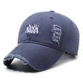 Distressed navy blue denim baseball cap with white NABeNARA embroidery and vintage holes - Adjustable / Light Blue