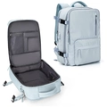 Detail view of light blue travel backpack with USB port and organized interior compartments - Light Blue